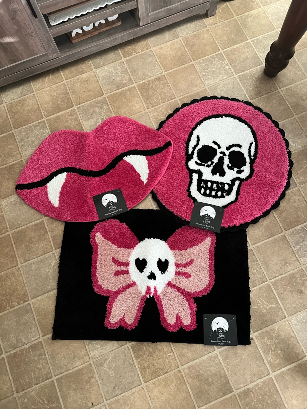 Gothic Pink & Black Skull & Bow, Skeleton & Vampire Lips 3pc Halloween Bath Rugs
